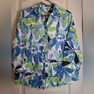 Chicos Top Womens 3 Medium 8 Blue Floral 100% Cotton Button Up 3/4 Sleeve Blouse